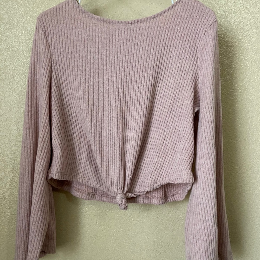 Nude Ribbed Cropped Sweater with Front Knot